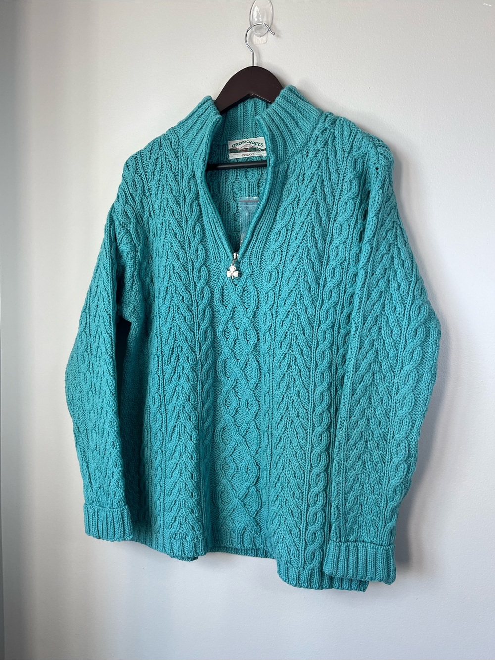 NWOT Aran Crafts Womans L Turquoise Merino Wool Cable Knit 1/4-Zip Sweater- FLAW - Picture 6 of 15